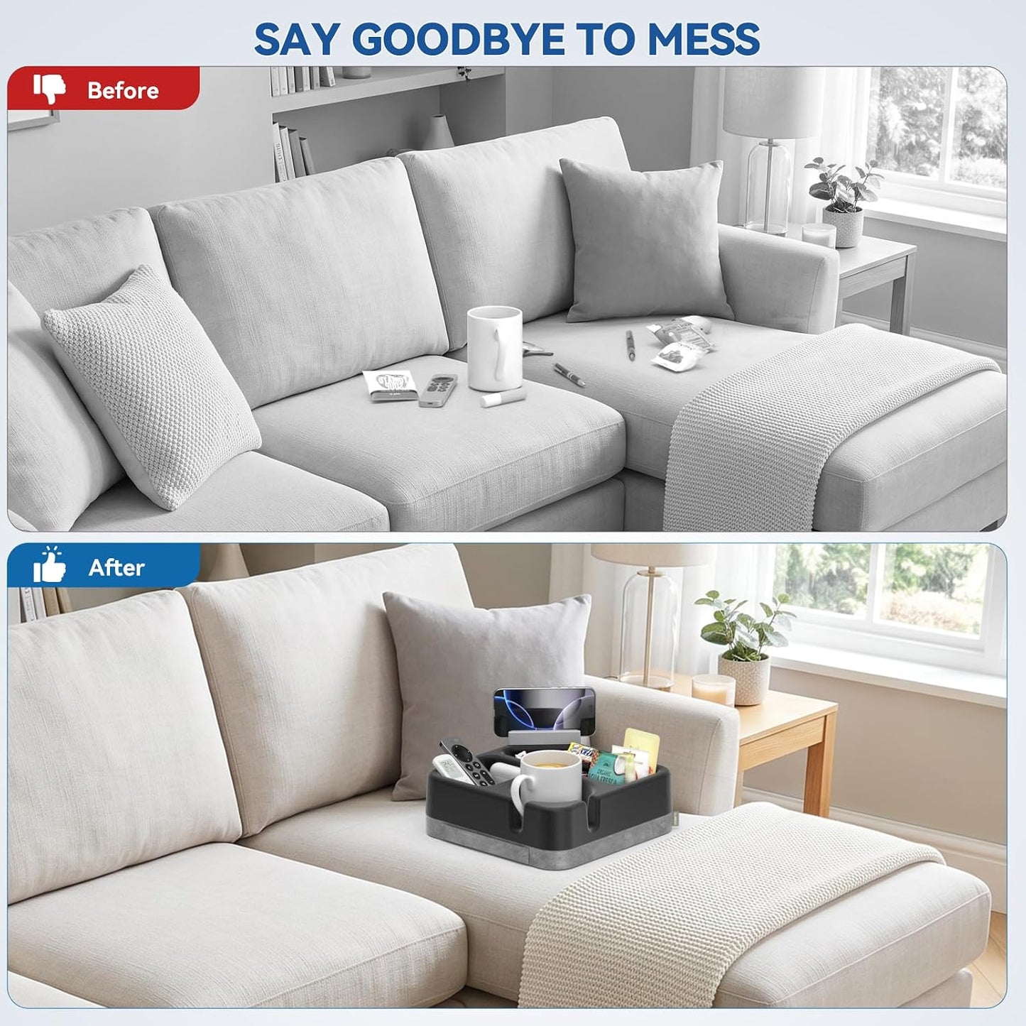 Couch Cup Holder Tray Couch Cup Holder Pillow Soft Sofa Caddy Drink Holder with 3 Compartments &Removable 360°Swivel Phone Stand, Portable Bed Snack Caddy Pillow with Handle for Tablet Controller Grey
