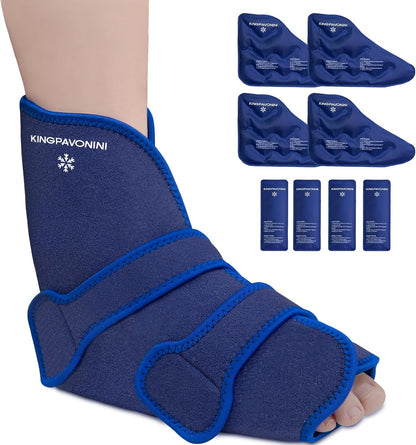 KingPavonini Ankle Foot Ice Pack Wrap, XL, Blue, 1 Wrap + 4 Gel Packs