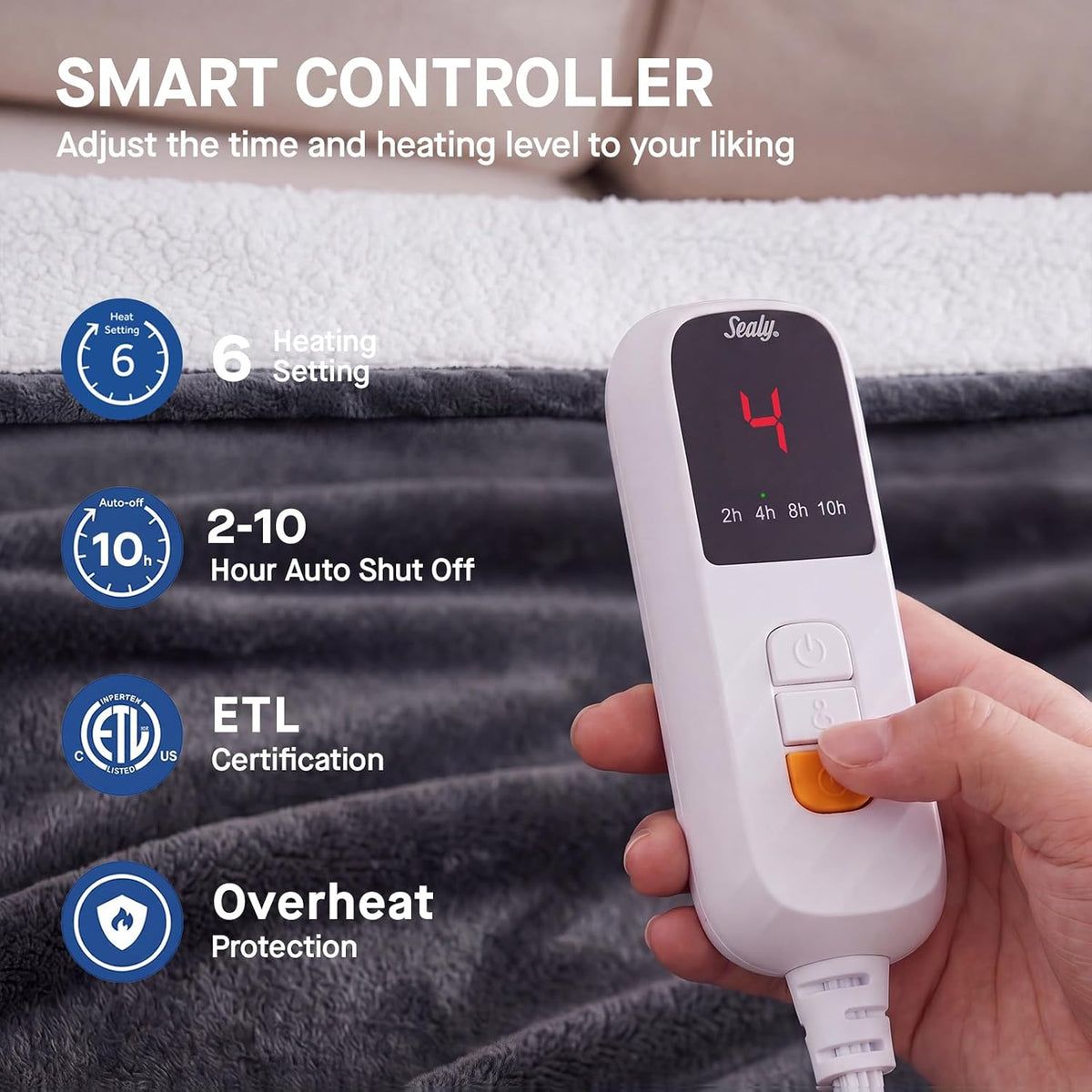Sealy Electric Blanket Throw 50×60, Flannel to Sherpa, Charcoal