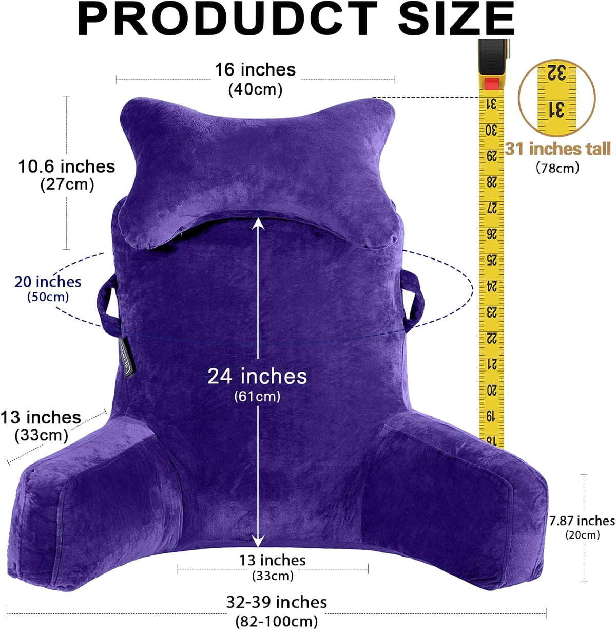 SLIGUY Reading Pillow-Bed Rest Pillow with Detachable Neck Roll & Support Arm for Sitting in Bed Couch or Floor-Backrest Reading Pillow Adult Back Pillow for Reading/Watching TV/Gaming,Dark Grey