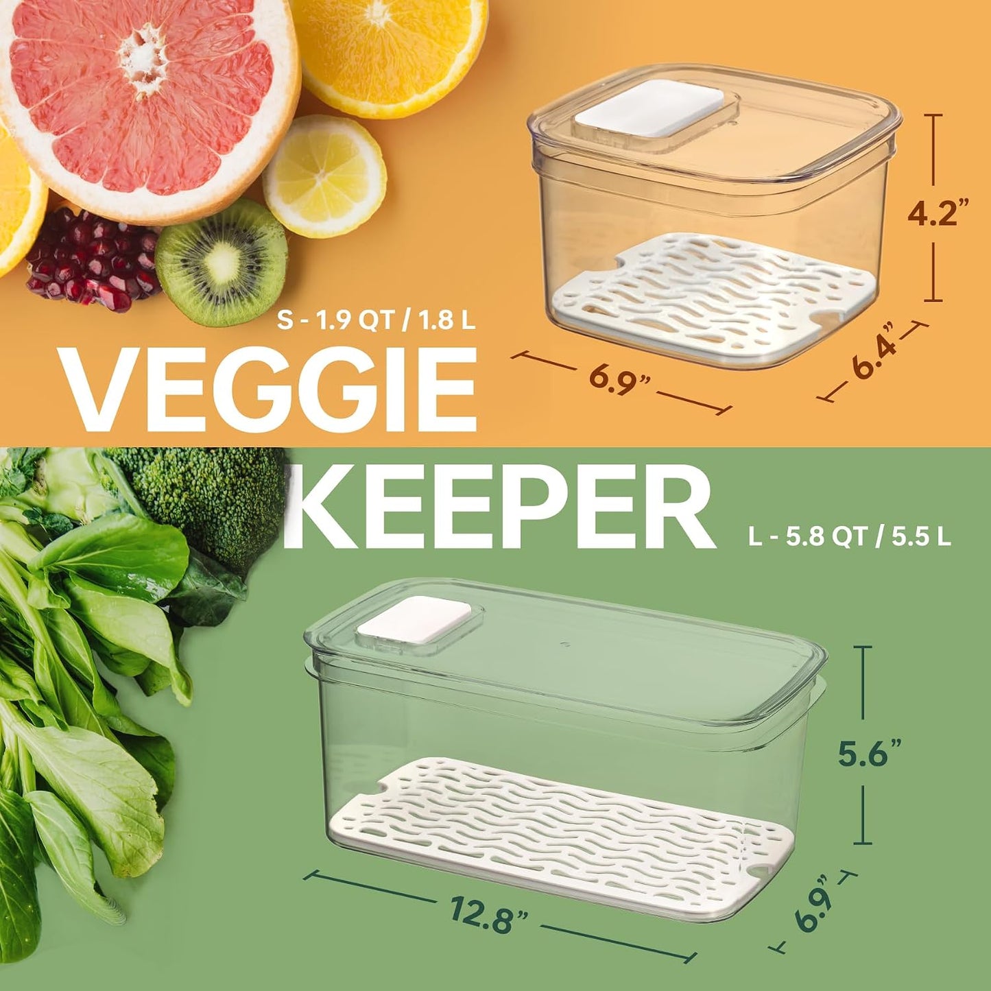 Felli Duo Fresh Produce Saver for Fridge, Fruit Vegetable Container with Vent & Drainage in Bottom for Wash, Colander Strainer Storage Bin for Refrigerator, Berry Lettuce Keeper