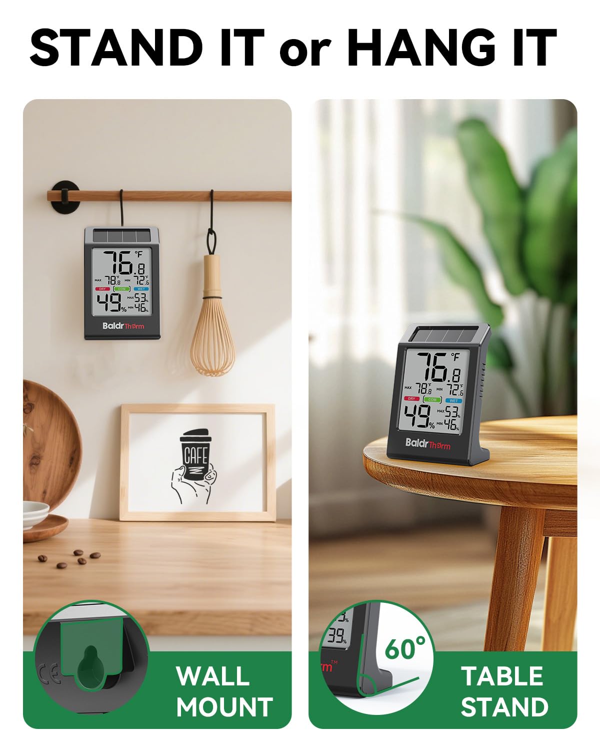 BALDR Solar Indoor Thermometer Hygrometer, Max/Min, Comfort Meter (White) | Solar & Battery Dual Power |No Setup or App Required |Clear Comfort Level Indicator |Flexible Desk or Wall Placement