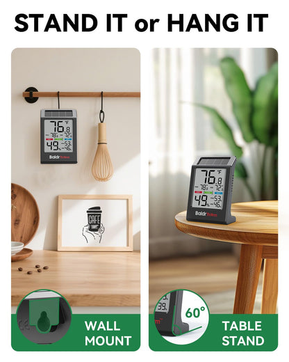 BALDR Solar Indoor Thermometer Hygrometer, Max/Min, Comfort Meter (White) | Solar & Battery Dual Power |No Setup or App Required |Clear Comfort Level Indicator |Flexible Desk or Wall Placement