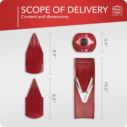 Borner Mandoline Food Slicer V1 (Basic Set) by Reston Lloyd • V-Slicer with Food Holder • Made in Germany • Fruit & Vegetable Chopper • Multiple Settings • Color: Red