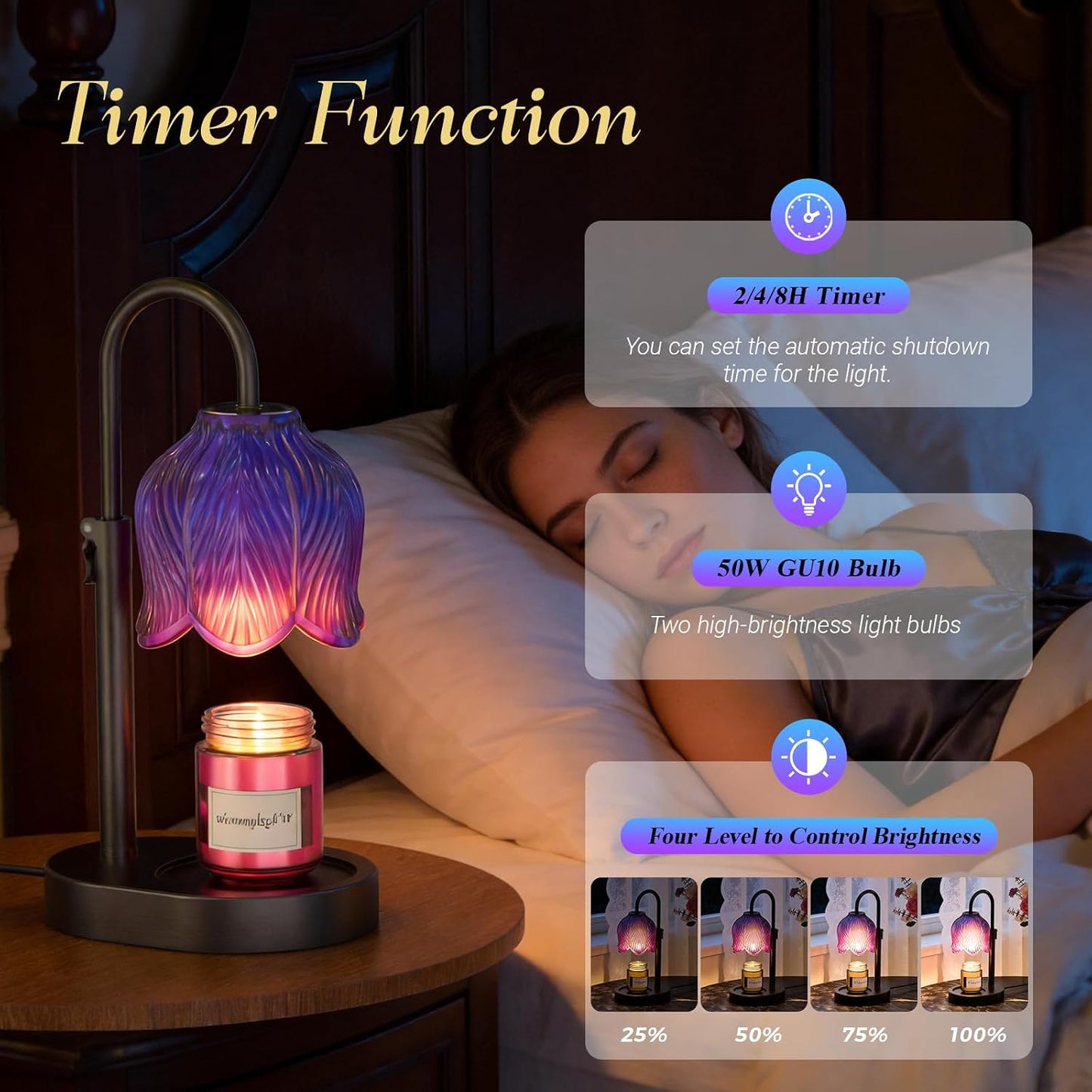Flower Candle Warmer Lamp, Timer & 4-Level Dimmer, Adjustable Height | Flameless Electric Wax Warmer for Jar Candles, Includes 2 Bulbs, Pink, Home Decor Gift for Mom & Women, Housewarming