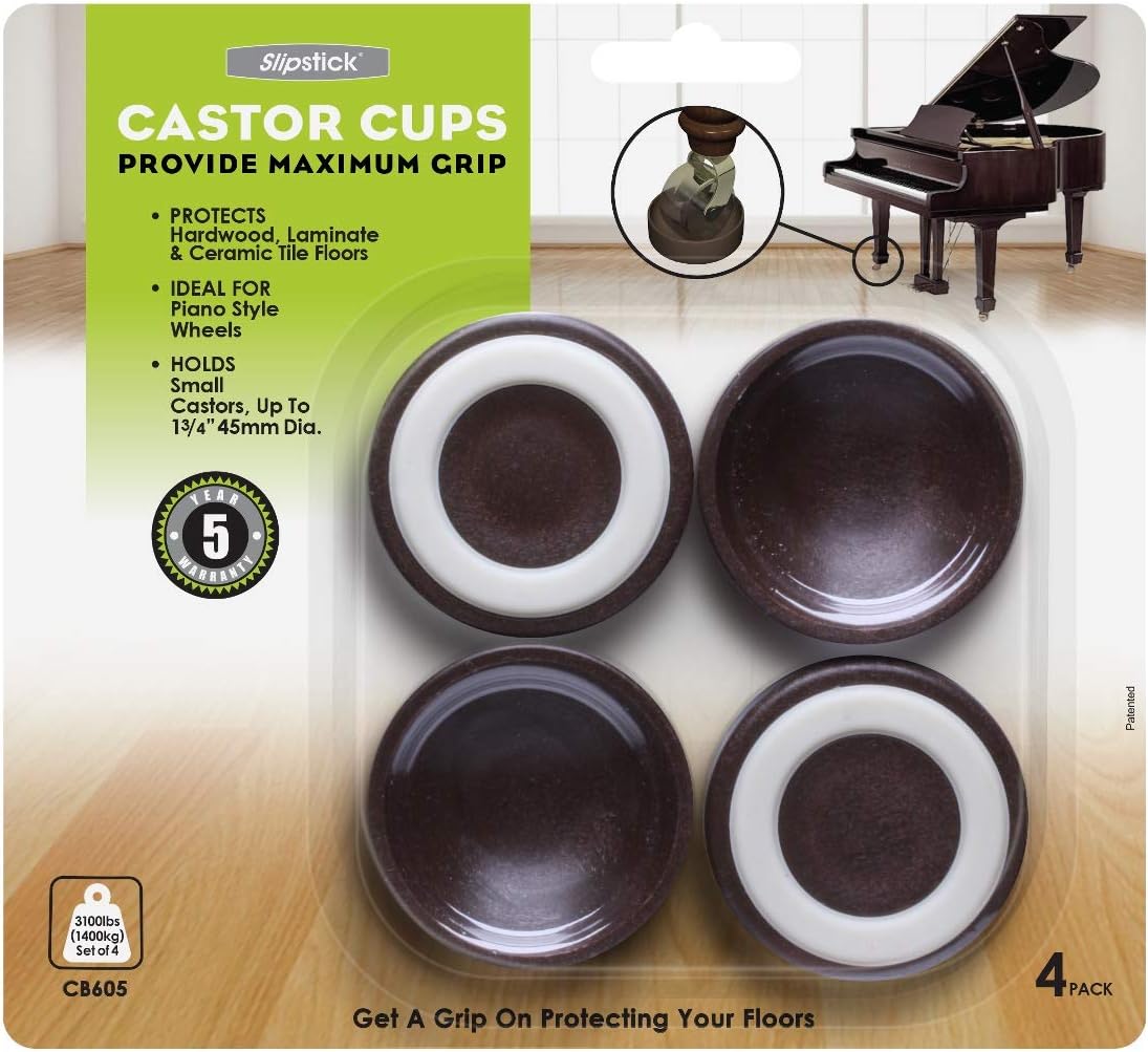 Slipstick CB605 Small Furniture Wheel Caster Cups/Floor Protectors with Non Skid Rubber Grip (Set of 4 Non Slip Furniture Cups) 1-3/4 Inch Round - Chocolate Brown