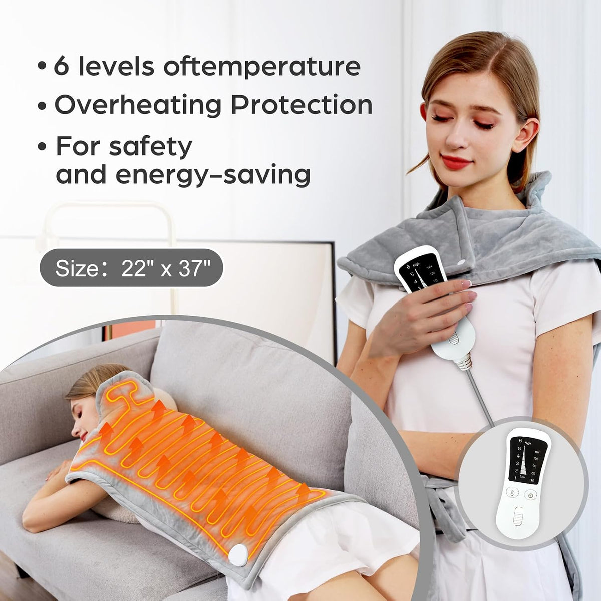 Electric Heating Pad for Back Neck Shoulders Pain Relief, 6 Heat Levels/Auto Shut-Off, 24"x 36" Large Electric Heated Pads, Gifts for Women Men Mom Dad Elderly, Gray