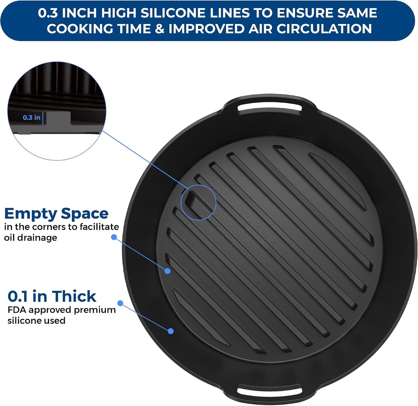 Premium 2 Pcs Silicone Liners for Ninja 4 QT AF101 | Strong and Long‑lasting 0.1inch Thickness | 0.3inch high Silicone Lines on Base for AirFlow | Specially Designed for Circular AF101 Air Fryer