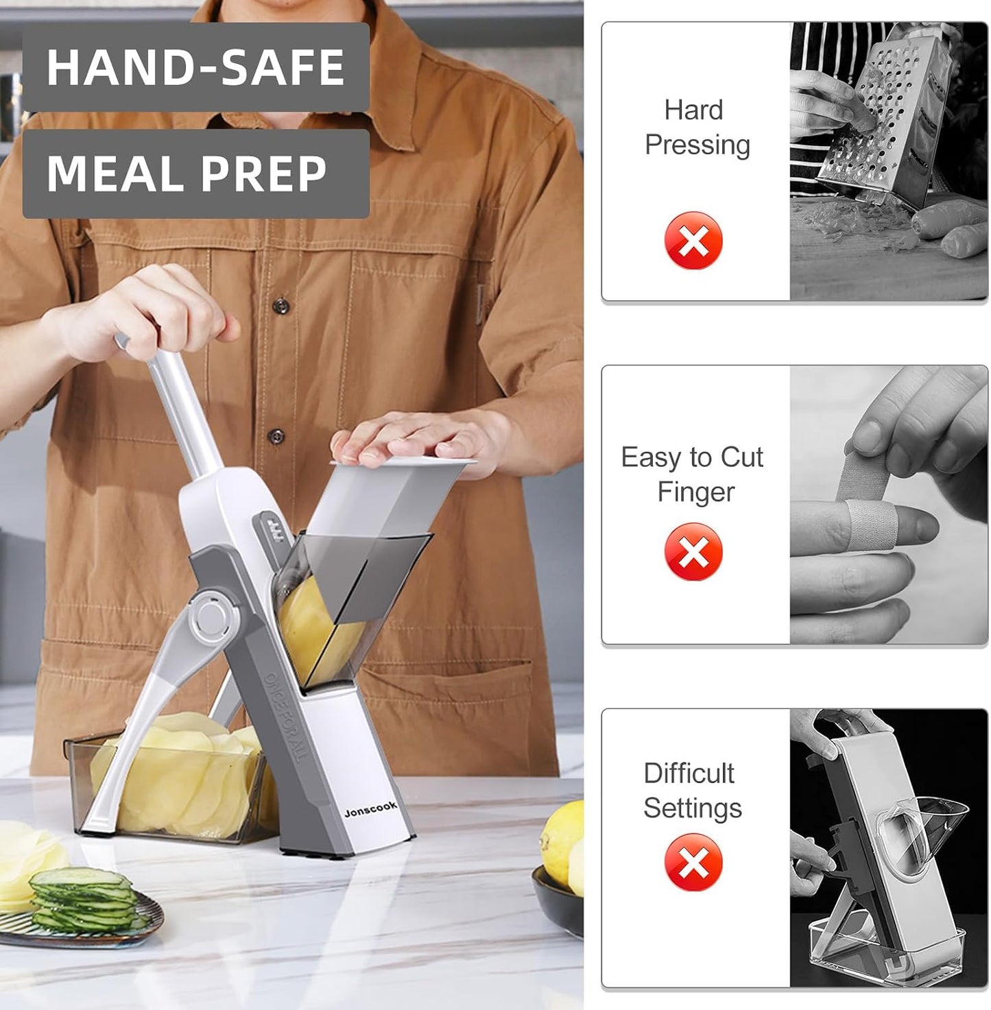 Jonscook All-in-1 Safe Mandoline Slicer for Kitchen, Vegetable Slicer with Container, Adjustable Veggie Mandoline, French Fry Cutter, Potato/Tomato/Onion Slicer, Grater/Cleaning Brush (Black Knight)