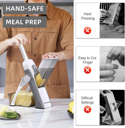 Jonscook All-in-1 Safe Mandoline Slicer for Kitchen, Vegetable Slicer with Container, Adjustable Veggie Mandoline, French Fry Cutter, Potato/Tomato/Onion Slicer, Grater/Cleaning Brush (Black Knight)