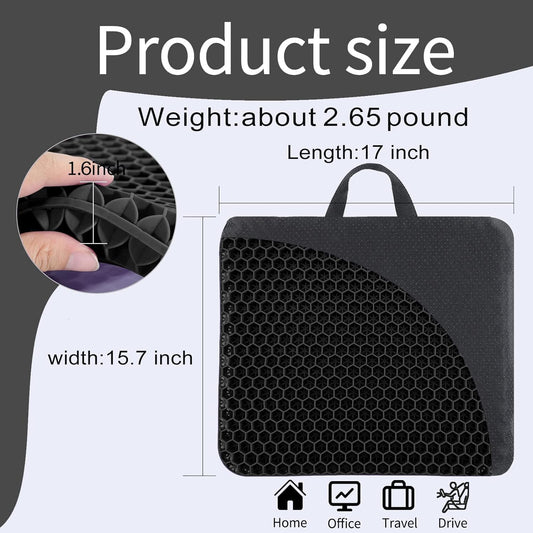 Gel Seat Cushion, for Long Sitting -Double Thick Gel Seat Cushion Breathable Honeycomb Chair Cushion with Non-Slip Cover for Office Chair Car, Wheelchair, Long Trips,Relief Sciatica Pain