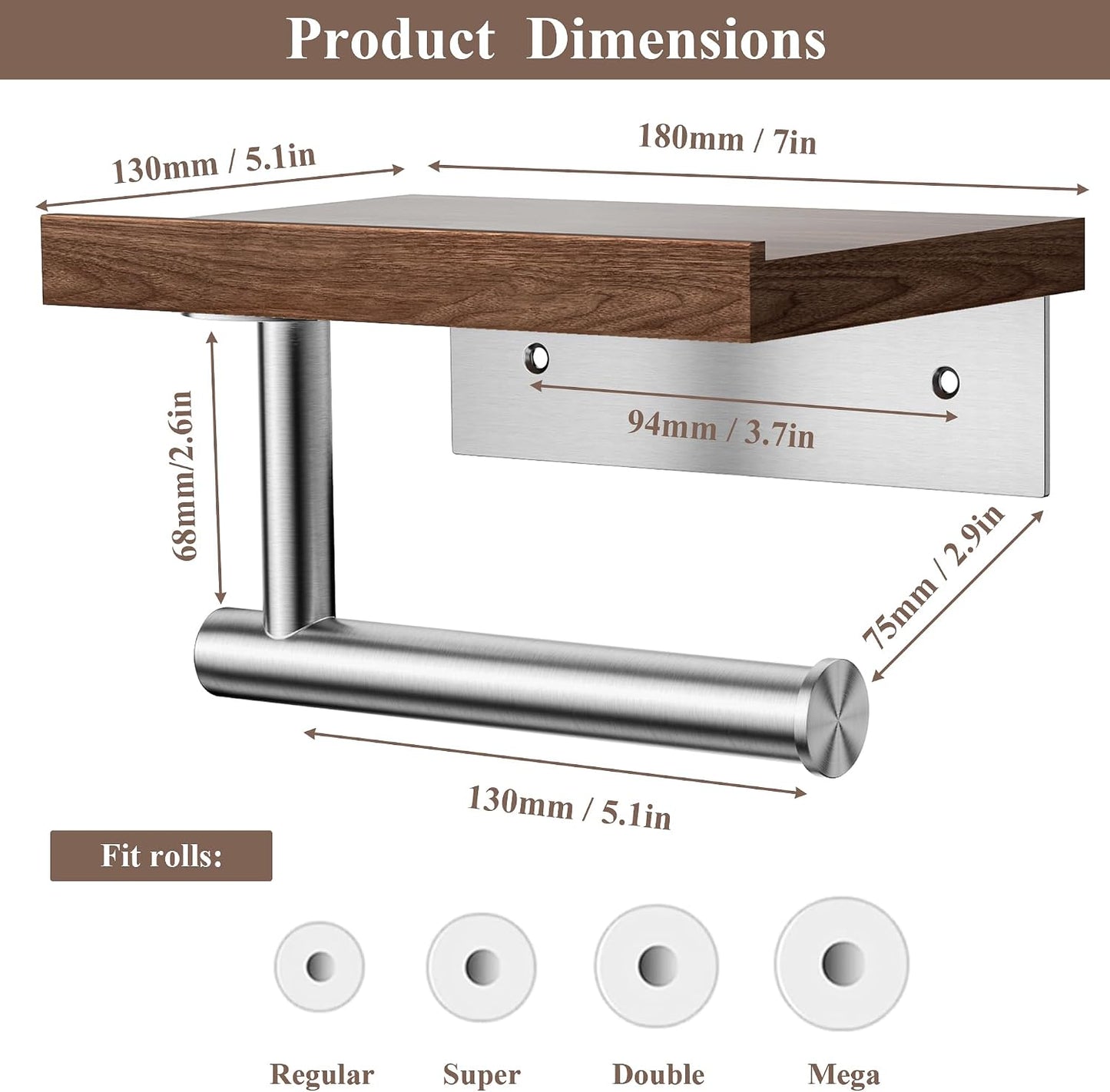 Tindbea Toilet Paper Holder with Wood Shelf, Wooden Wall Mount Tissue Paper Roll Holder, Matte Black Stainless Steel Bathroom Accessories Decor Household Home Apartment Restroom Essentials (Walnut)