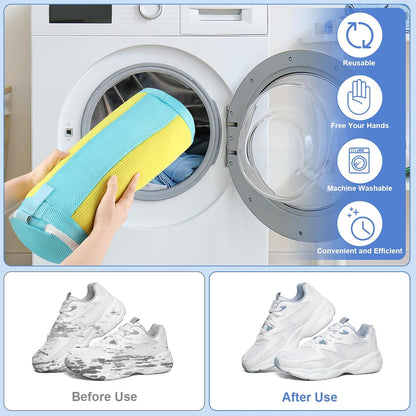 2 PCS Shoe Washing Machine Bags for Washer and Dryer, Grey + White | Reusable Laundry Shoe Bag, Hands Free, Hidden Self-locking Zipper, 360° Deep Cleaning, For Sneakers and All Shoes Types