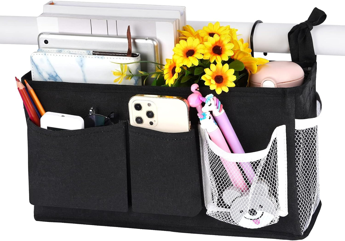 Bedside Caddy, Bedside Storage Bag Hanging Organizer for Bunk Dorm Bed Rail | Bed Caddy with Hooks, Top Bunks and Dorm Essentials for Water, Tissues, Tablets, Books, Phones, Remotes and Other Necessories
