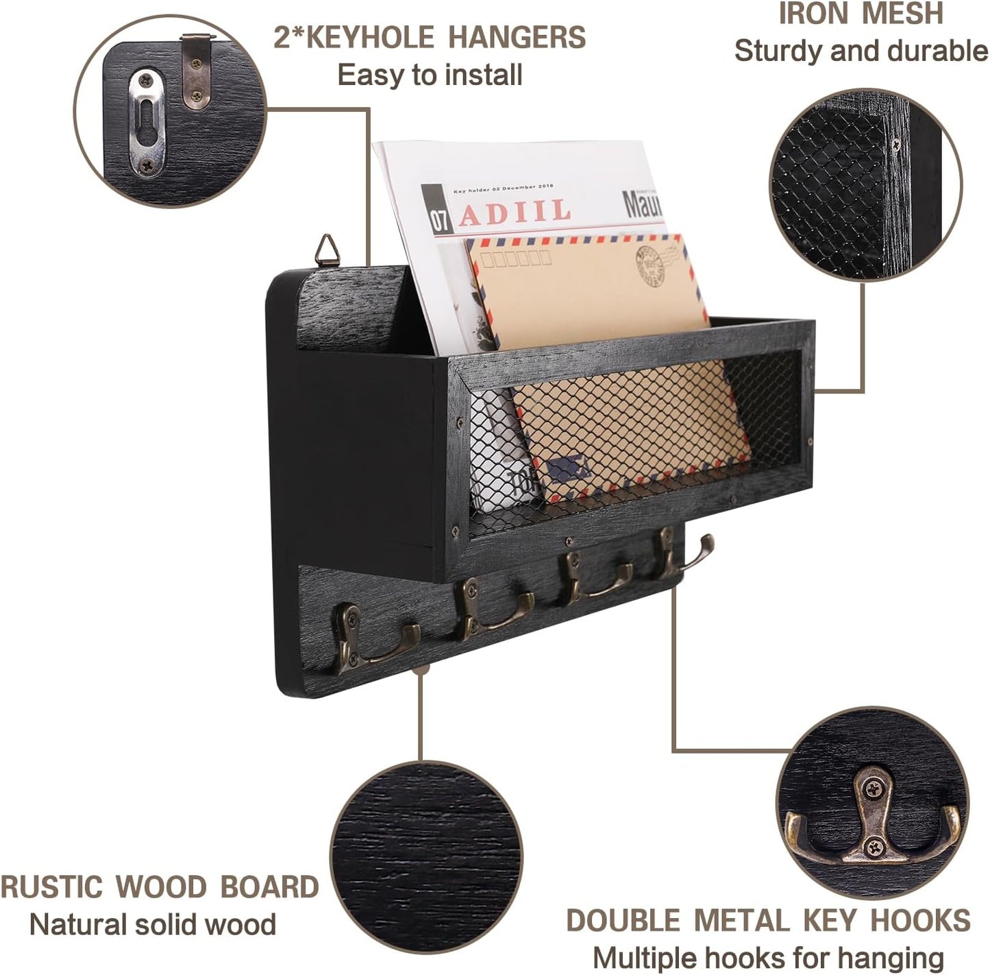 ADIIL Mail and Key Holder for Wall Decorative, Wooden Wall Mount Key Rack Hanger Organizer with 4 Double Key Hooks, Rustic Home Decor for Entryway Hallway, Brown