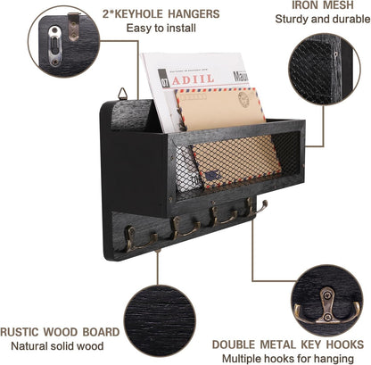 ADIIL Mail and Key Holder for Wall Decorative, Wooden Wall Mount Key Rack Hanger Organizer with 4 Double Key Hooks, Rustic Home Decor for Entryway Hallway, Brown