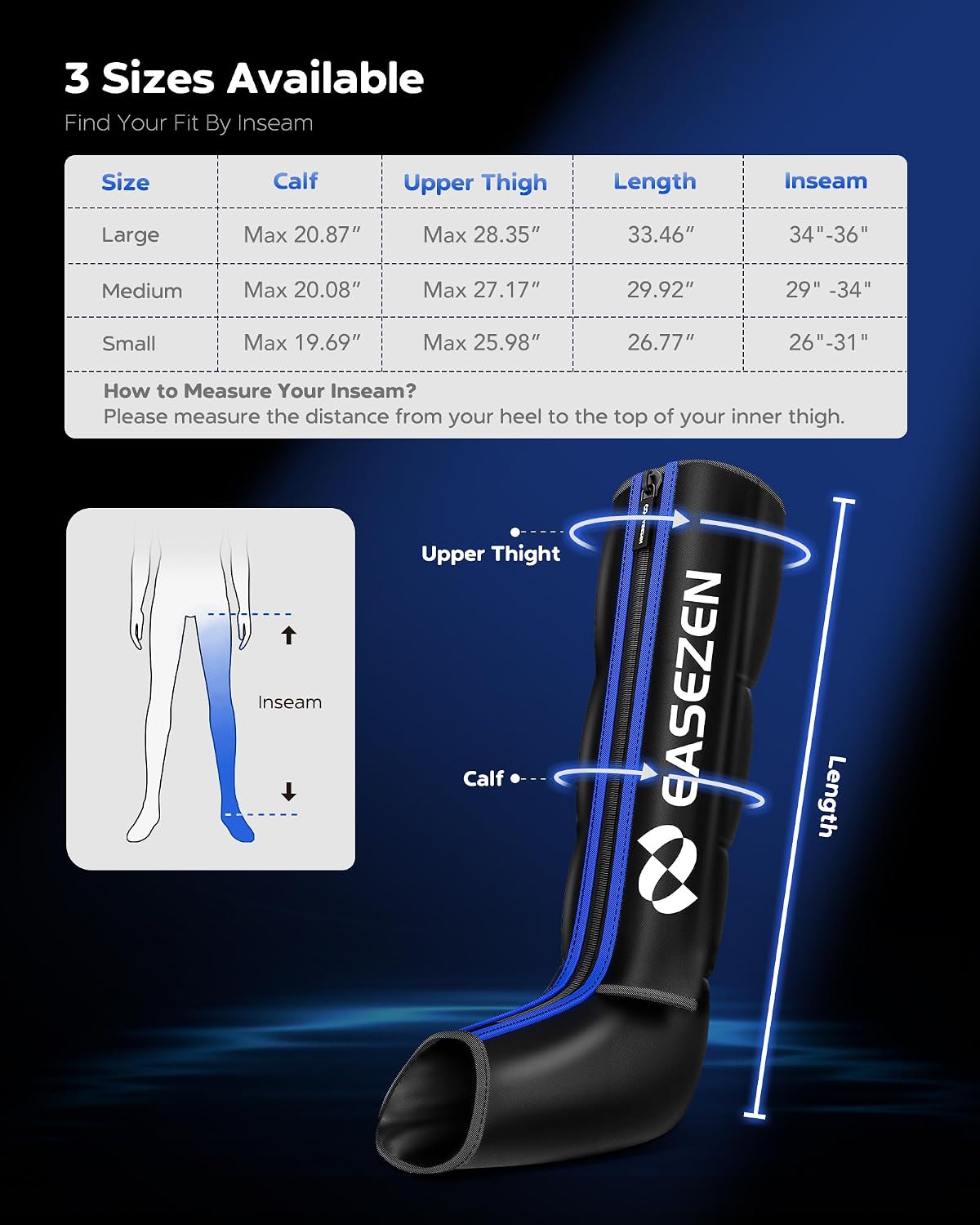 EaseZen Leg Compression Massager for Circulation & Muscle Pain Relief | Leg Recovery Compression System for Fast Recovery of Foot, Calf and Thigh, Edema & Muscle Fatigue Relief