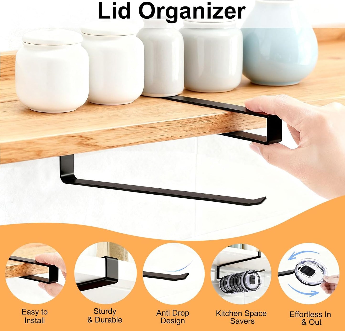 Tumbler Lid Organizer for Cabinet - Under Shelf & Behind Door Lid Holder, No-Drill Kitchen Organizer and Storage, Space Saving Rack Fits 24oz 30oz 40oz Water Bottle Tumbler Lids