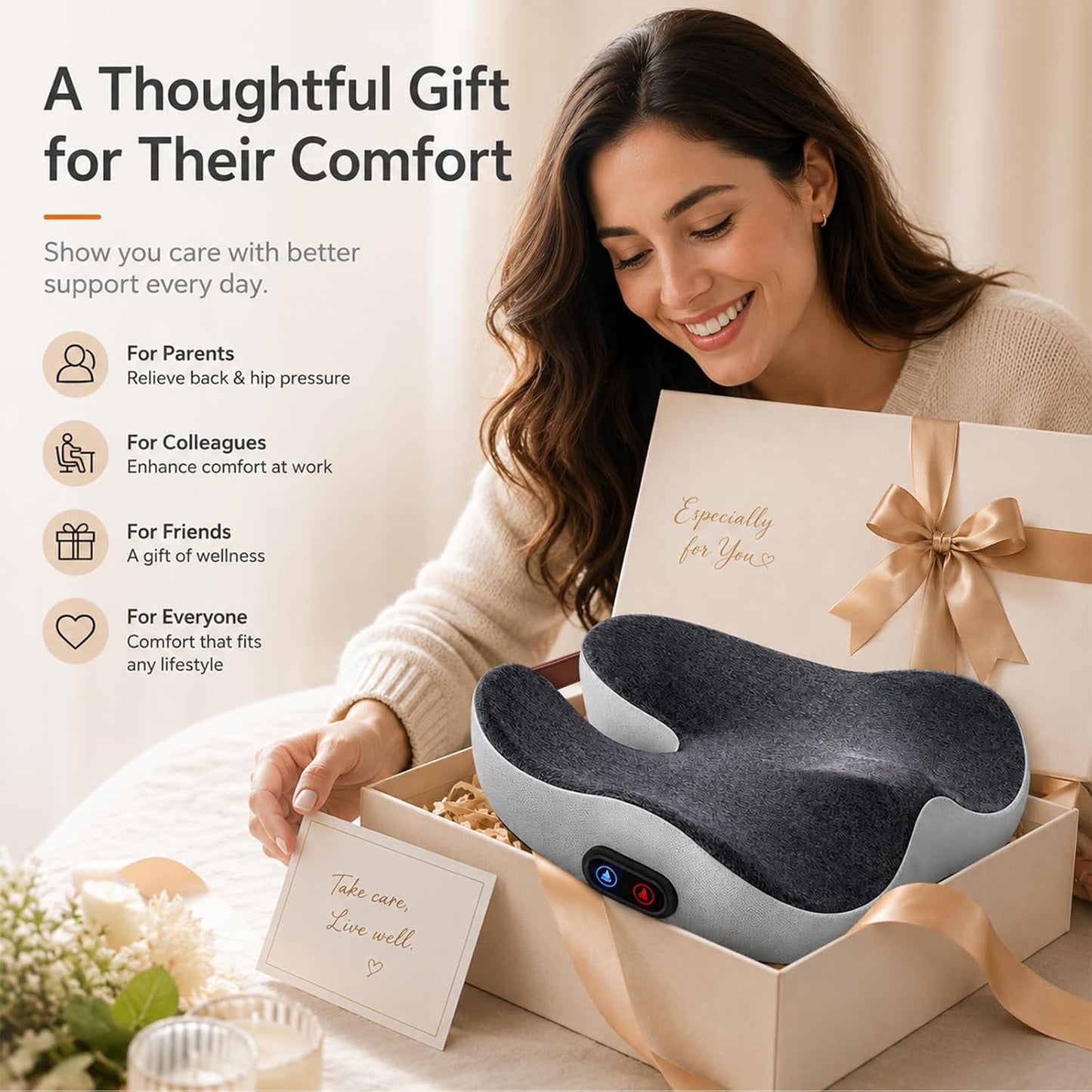 2-in-1 Rechargeable Heated Seat Cushion with Vibration Massager | Cordless Office Chair Cushion with 3 Heat Levels & 3 Vibration Modes, Ergonomic Tailbone Support for Desk Chair, Car, Home