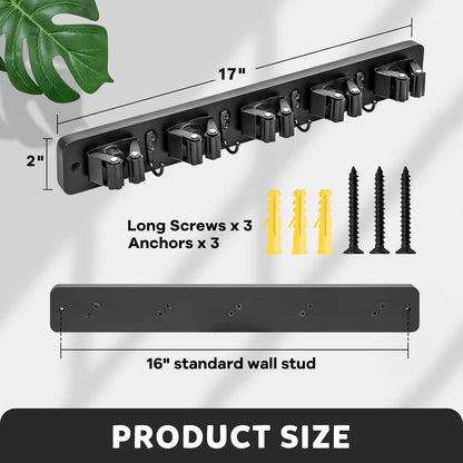 IMILLET Broom Holder Wall Mount, Rustic Broom Hanger for Laundry Room | Wood Broom and Mop Organization and Storage, Mop Holder for Home Decor, Garden, Garage, Closet, 5 Racks and 4 Hooks, Brown