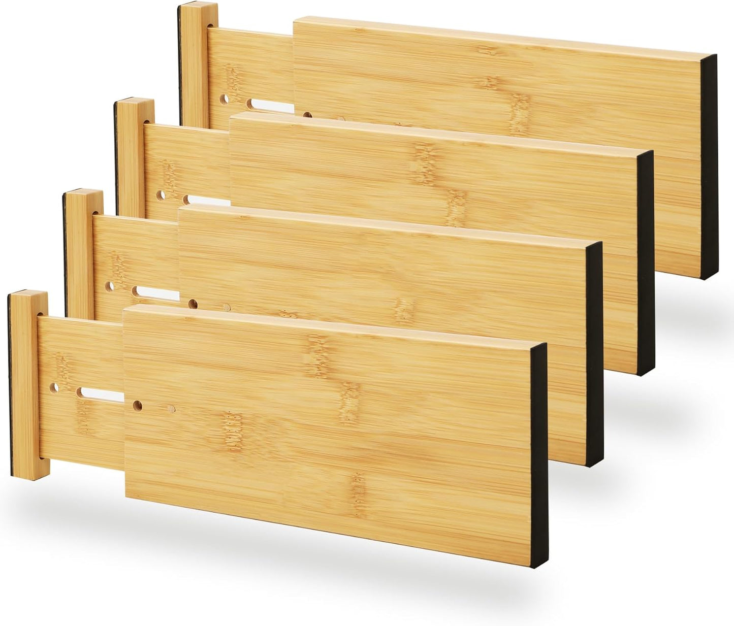 BAMEOS Bamboo Expandable Drawer Dividers – Fits 16.6"–22" Drawers, 2" High, Set of 4 | Spring-Loaded Bamboo Separator for Kitchen Island, Bathroom Vanity & Dresser Drawers