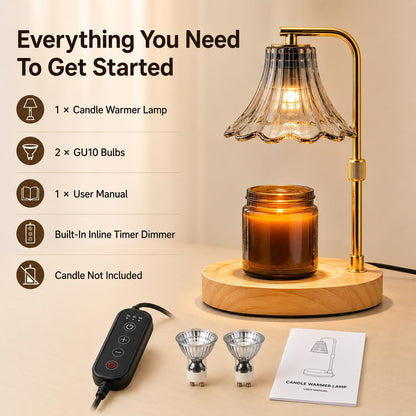 Candle Warmer Lamp with Timer, Dimmer, Vintage Glass Shade | Adjustable height, 2/4/8-hour timer, wood base, 2 bulbs included