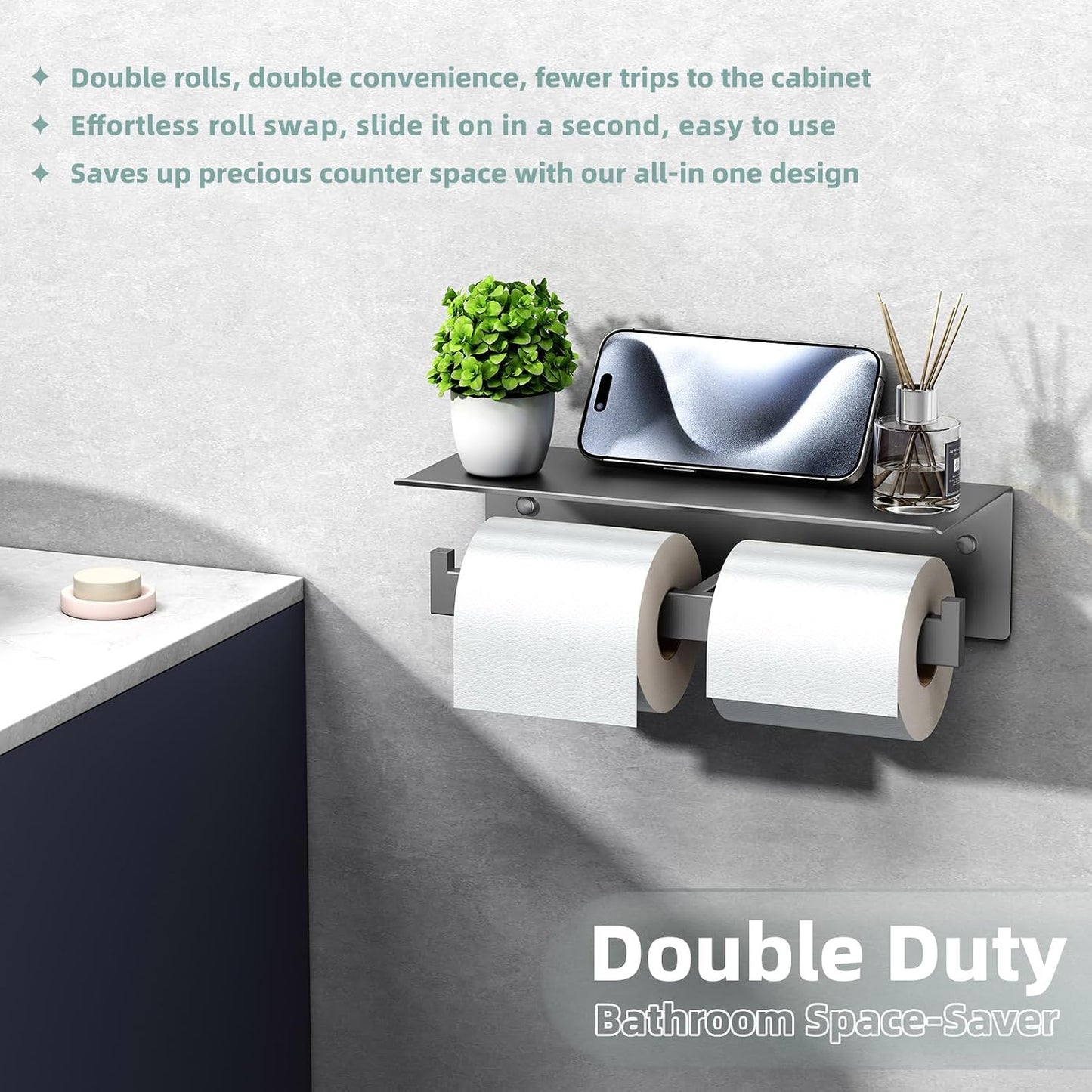 APLusee Matte Black Toilet Paper Holder with Storage Shelf, Wall Mounted | Rustproof 304 Stainless Steel, 2-in-1 Functional Toilet Paper and Phone Storage, Fits Bathroom, Restroom, Vanity, Kitchen