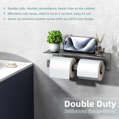 APLusee Matte Black Toilet Paper Holder with Storage Shelf, Wall Mounted | Rustproof 304 Stainless Steel, 2-in-1 Functional Toilet Paper and Phone Storage, Fits Bathroom, Restroom, Vanity, Kitchen