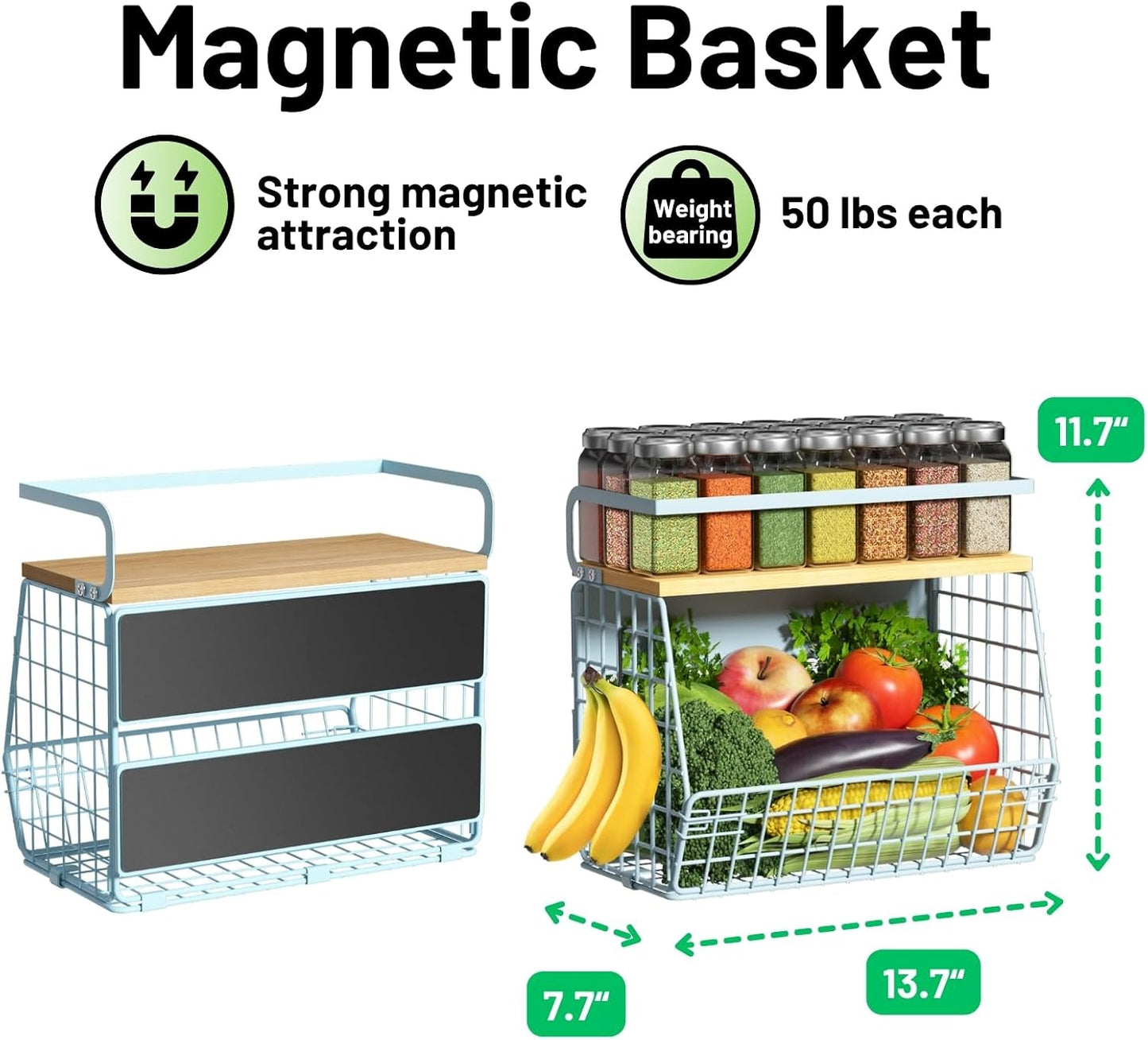 Magnetic Shelf for Fridge with Wood Lid, Fruit Potato and Onion Storage Bins, Pantry Organizers & Storage, Large Container Magnetic Spice Rack for Refrigerator, Kitchen Counter, Cabinet | Strong magnet holds 50lbs, ventilated bin for produce, versatile