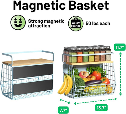 Magnetic Shelf for Fridge with Wood Lid, Fruit Potato and Onion Storage Bins, Pantry Organizers & Storage, Large Container Magnetic Spice Rack for Refrigerator, Kitchen Counter, Cabinet | Strong magnet holds 50lbs, ventilated bin for produce, versatile