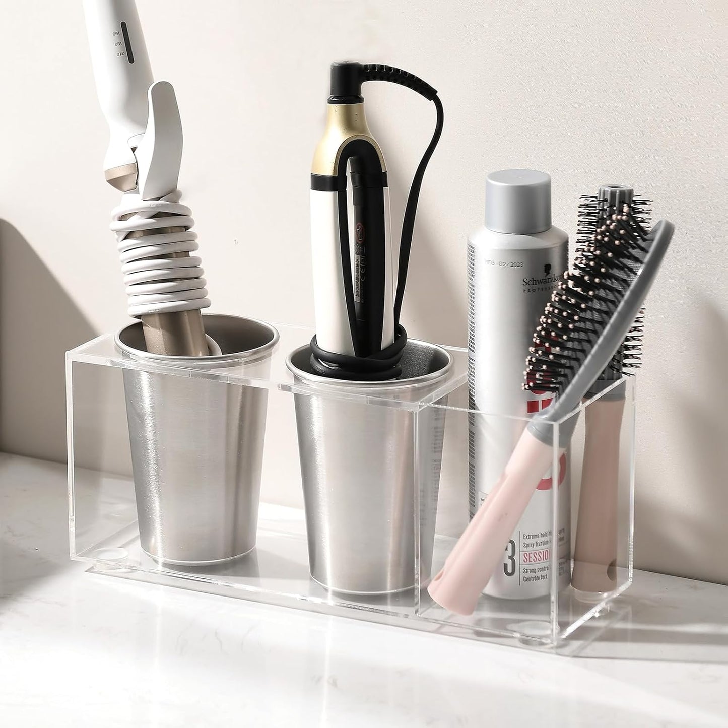 Hair Tool Organizer, Curling Iron Holder, Countertop/Wall Mount | Hair Brush & Spray Organizer, Hot Tools Holder for Vanity Bathroom, Under Sink/Adhesive/Screw Mount, Acrylic, Clear