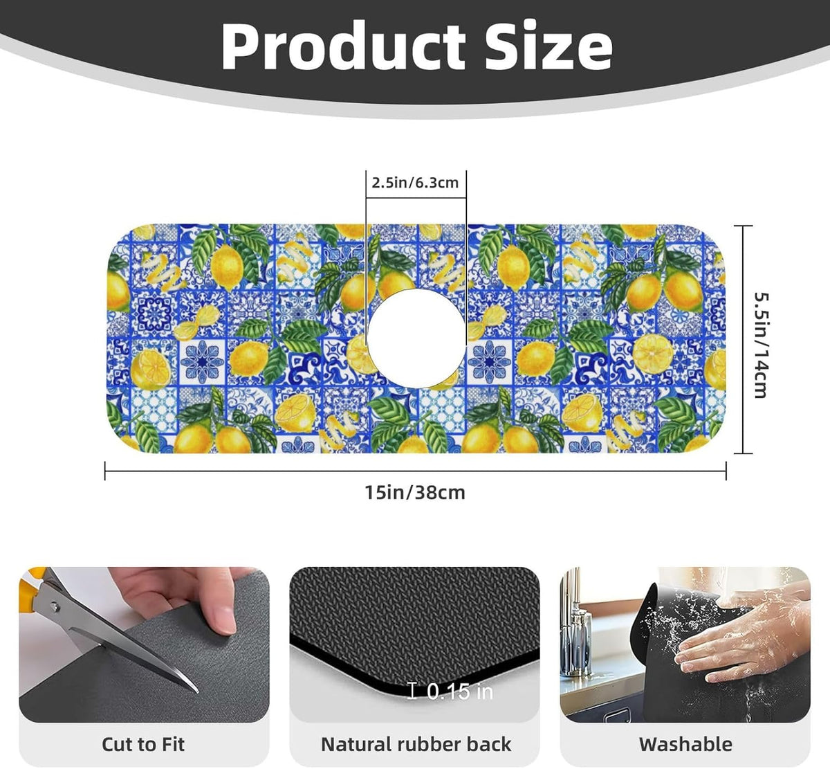 Aquamarine Blue Mexican Tiles Faucet Splash Guard Mat for Kitchen Sink 15x5.5" - Colors B