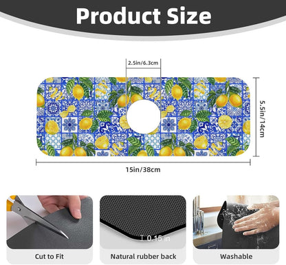 Aquamarine Blue Mexican Tiles Faucet Splash Guard Mat for Kitchen Sink 15x5.5" - Colors B