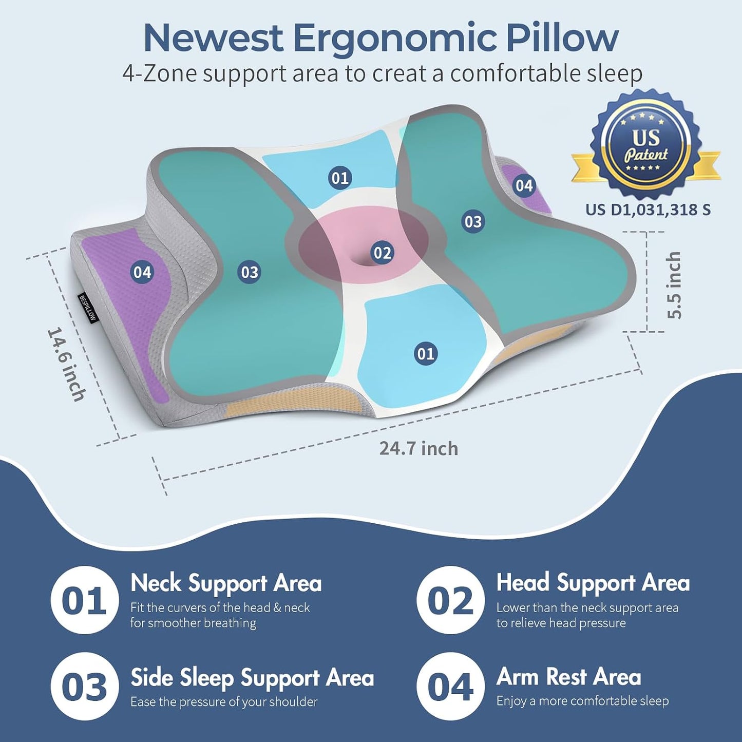 Cervical Neck Pillow for Pain Relief, Contour Memory Foam Pillows for Sleeping, Ergonomic Pillow Orthopedic Cooling Pillow Bed Pillow Neck Support for Side Back Stomach Sleepers（Grey&White
