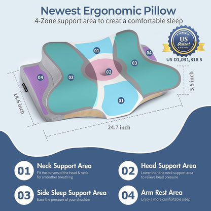 Cervical Neck Pillow for Pain Relief, Contour Memory Foam Pillows for Sleeping, Ergonomic Pillow Orthopedic Cooling Pillow Bed Pillow Neck Support for Side Back Stomach Sleepers（Grey&White
