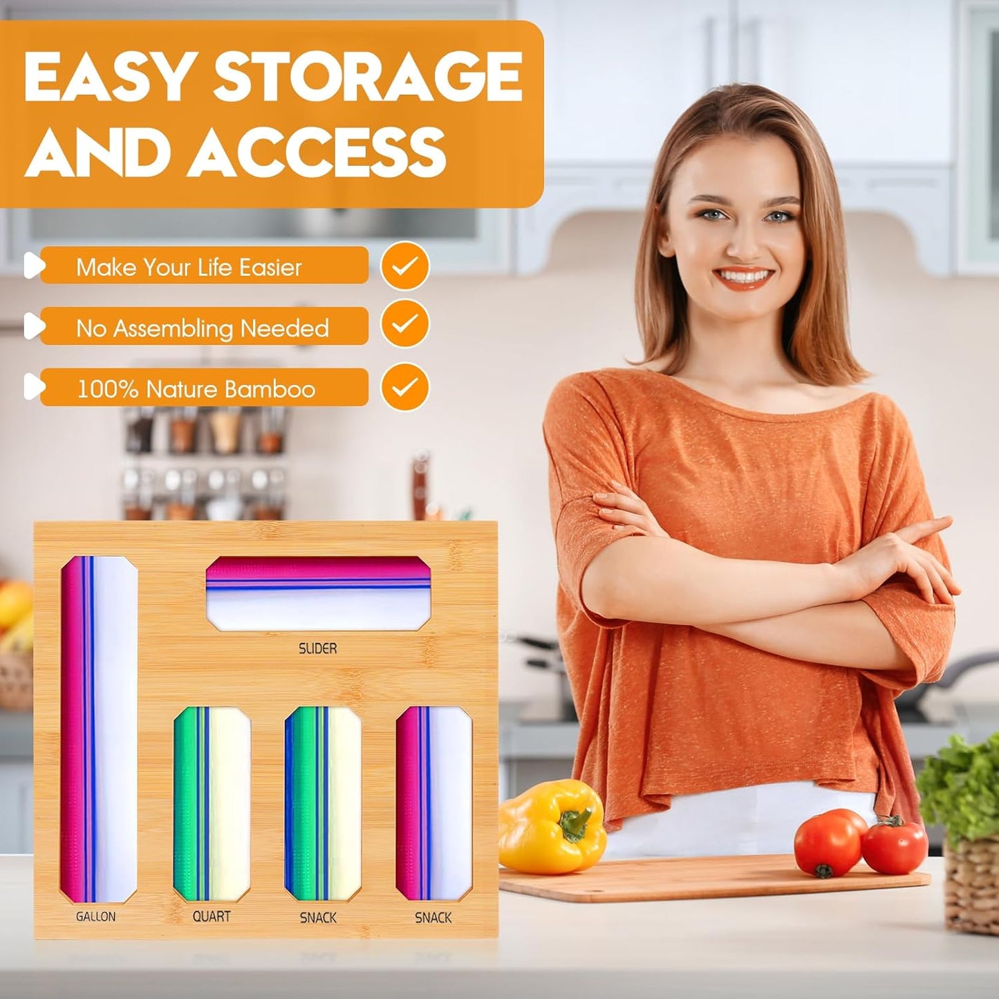 9 in 1 Foil and Plastic Wrap Dispenser with Cutter, Black Bamboo Ziplock Bag Organizer for Drawer - Holds Gallon, Quart Bags & Aluminum Foil/Wax Paper, Wall Mountable Kitchen Storage