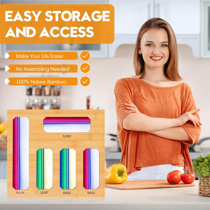 9 in 1 Foil and Plastic Wrap Dispenser with Cutter, Black Bamboo Ziplock Bag Organizer for Drawer - Holds Gallon, Quart Bags & Aluminum Foil/Wax Paper, Wall Mountable Kitchen Storage