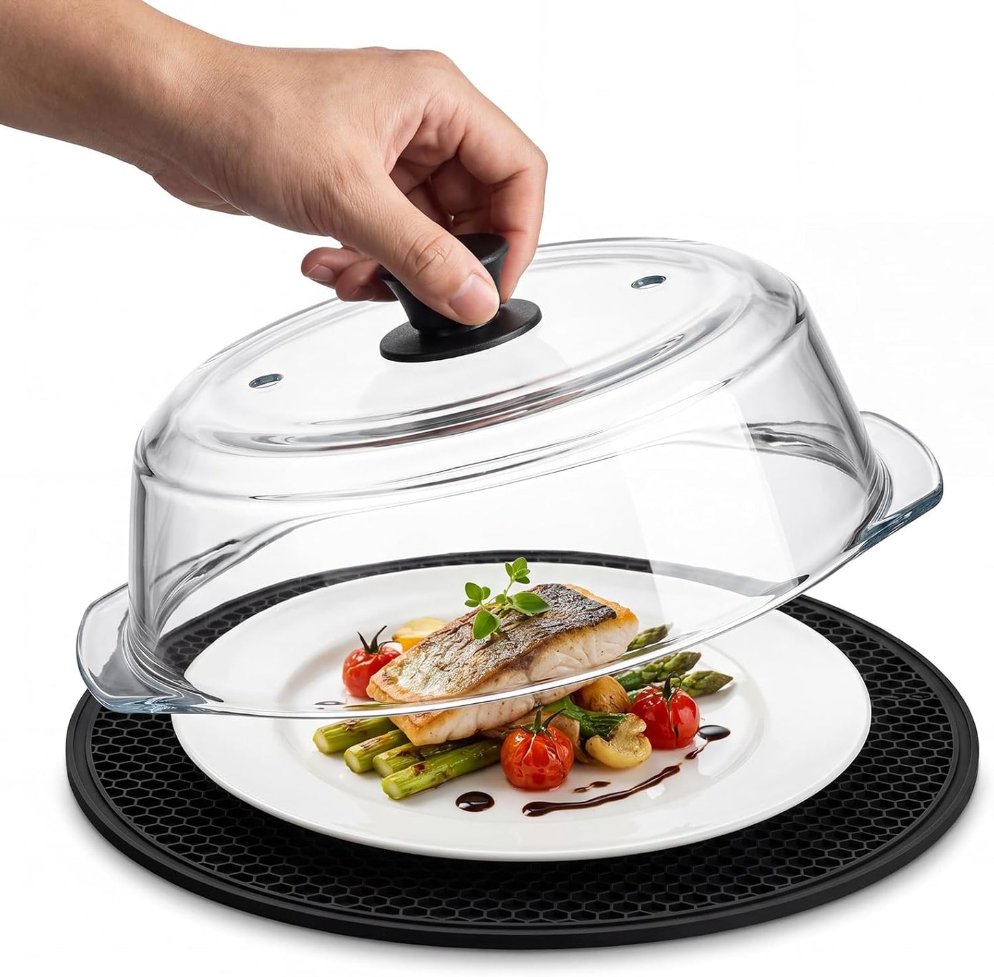 10-Inch Glass Microwave Splatter Cover with 2 Steam Vents and Silicone Mat | Clear Borosilicate Glass, Easy-Grip Silicone Knob with Ceramic Screw, Fits Most Dinner Plates and Bowls