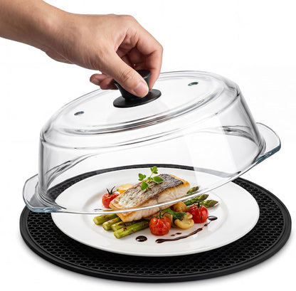 10-Inch Glass Microwave Splatter Cover with 2 Steam Vents and Silicone Mat | Clear Borosilicate Glass, Easy-Grip Silicone Knob with Ceramic Screw, Fits Most Dinner Plates and Bowls