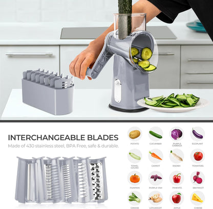 SUSTEAS Rotary Cheese Grater 5 Blades,Kitchen Mandoline Vegetable Slicer | White, Easy to Clean, Strong Suction Base, 5 Blades Storage Box, Round Mandoline Slicer & Food Chopper for Salad