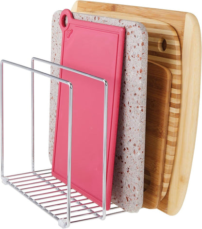 mDesign 3 Slot Tray and Pan Rack — Metal Wire Rack for Pantry and Kitchen Storage — Freestanding Pan Lid Holder Also for Baking Trays and Crockery – Silver