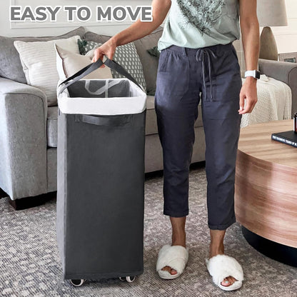 CHICVITA 75L Large Rolling Laundry Basket with Wheels & Wash Bag, Grey | Collapsible design saves space for corner dorms. Removable wash bag for easy laundry transport