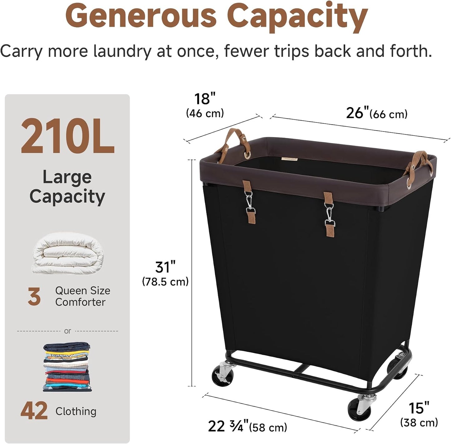 StorageWorks 160L Laundry Basket with Wheels, Rolling Hampers for Clothing | Beige Laundry Basket with Wheels, Metal Frame & Handles, Rolling Hamper for Bedroom, Bathroom, Dorm, Hotel