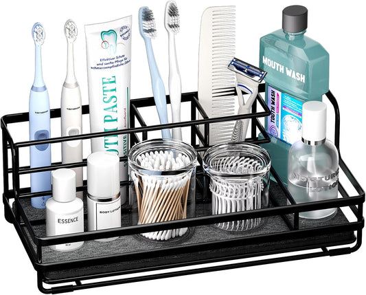 HapiRm Toothbrush Holders for Bathroom - 5 Partitions Bathroom Counter Organizer with Instant Drying Stone, Stainless Steel Countertop Storage Electric Toothbrush Toothpaste Holder - Black