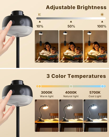 Pebble-Shaped Clip on Reading Light with Detachable Lamp Head, 5000mAh Rechargeable Battery, 360° Ambient Glow, Remote & Timer, Stepless Dimming, 12inch Gooseneck Clamp Lamp for Bed Headboard & Desk