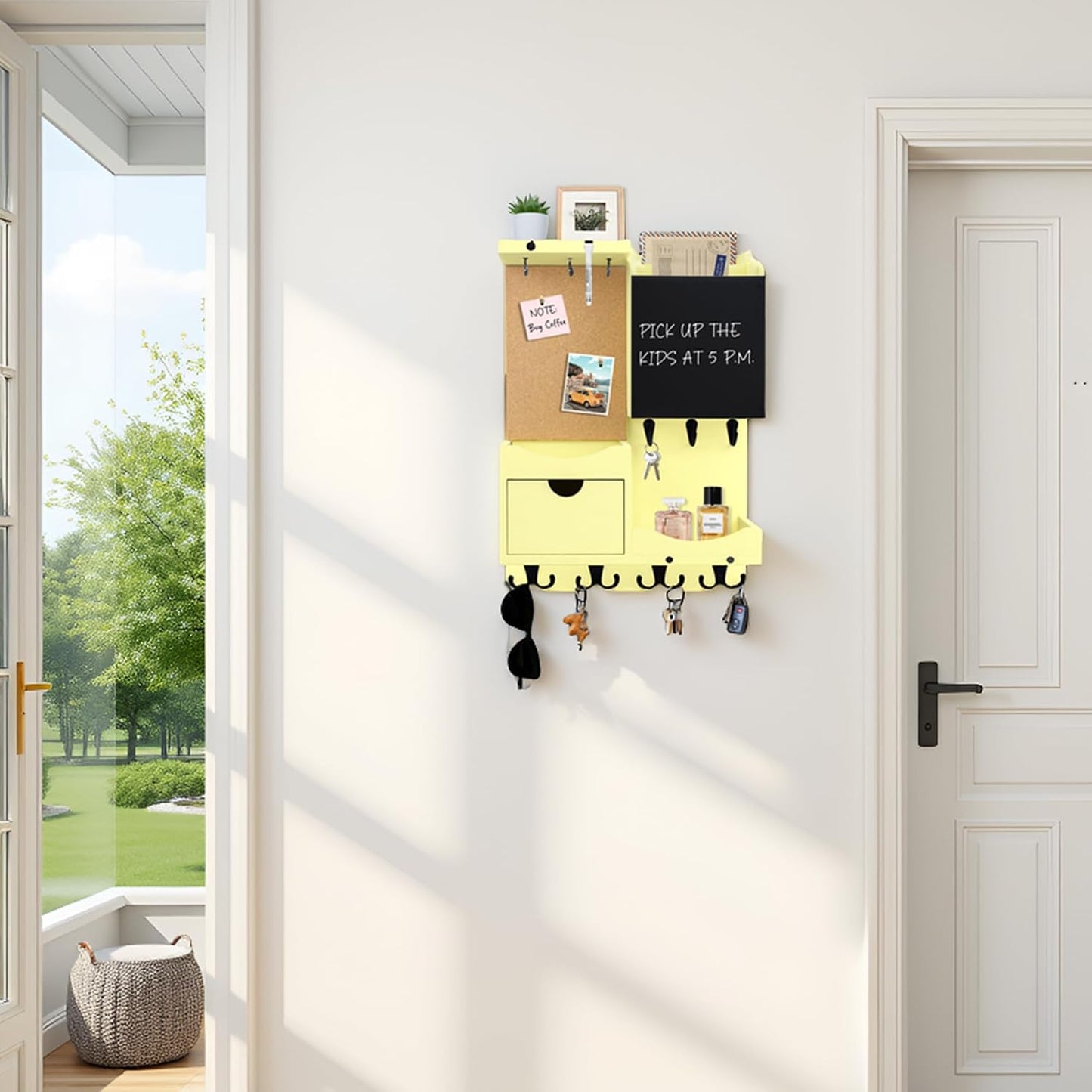Key Holder for Wall Mount with Shelf and Mail Organizer, Key and Mail Holder with 16 Hooks, Farmhouse Entryway Organizer, Home Decor Rack (Pine Wood, White Washed)