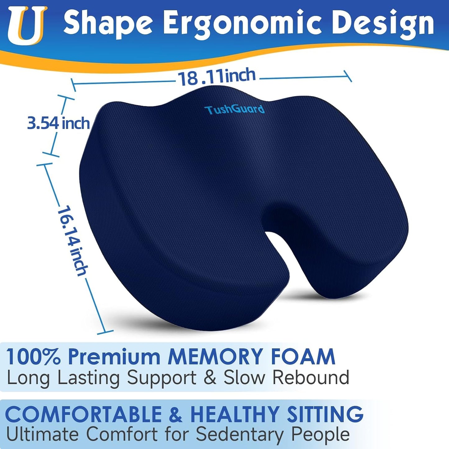 TushGuard Seat Cushion for Office Chair, Car, Memory Foam, Black Large | For Back, Coccyx, Sciatica, Tailbone Pain, Ergonomic Design, Non-Slip, Desk Wheelchair Use, Supportive Butt Pillow, For Man