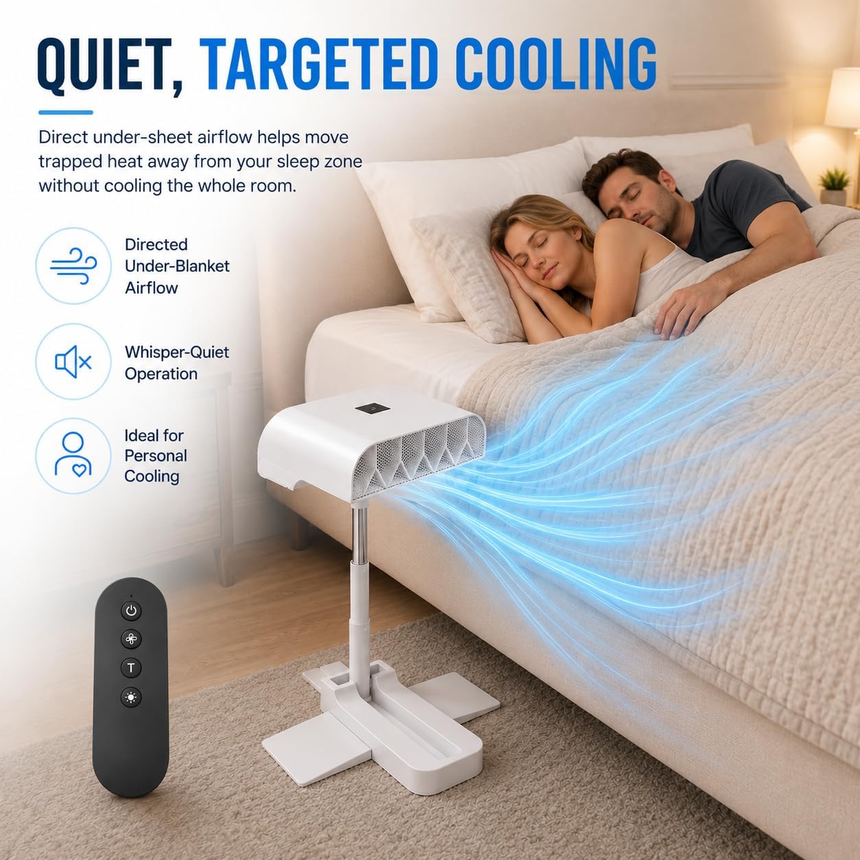 Bed Fan Under Sheets, Rechargeable Bed Cooling System With 5 Speeds Remote Control, Adjustable Height Mattress Fan For Under Blanket, Quiet Cordless Airflow For Hot Sleepers