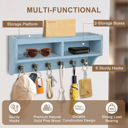 Key Holder Wall Mount with Mail Organizer, 6 Hooks & Shelf, Brown | Wood Key Holder Wall Mount with 6 Key Hooks, Shelf & Storage Box and Mail Organizer for Entryway, Apartment, Home and Office