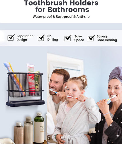 Clear Toothbrush Holders for Bathroom, 2 Cups Wall Mounted, Dry & Wet Separation, Organizers and Storage Set for Family Kids